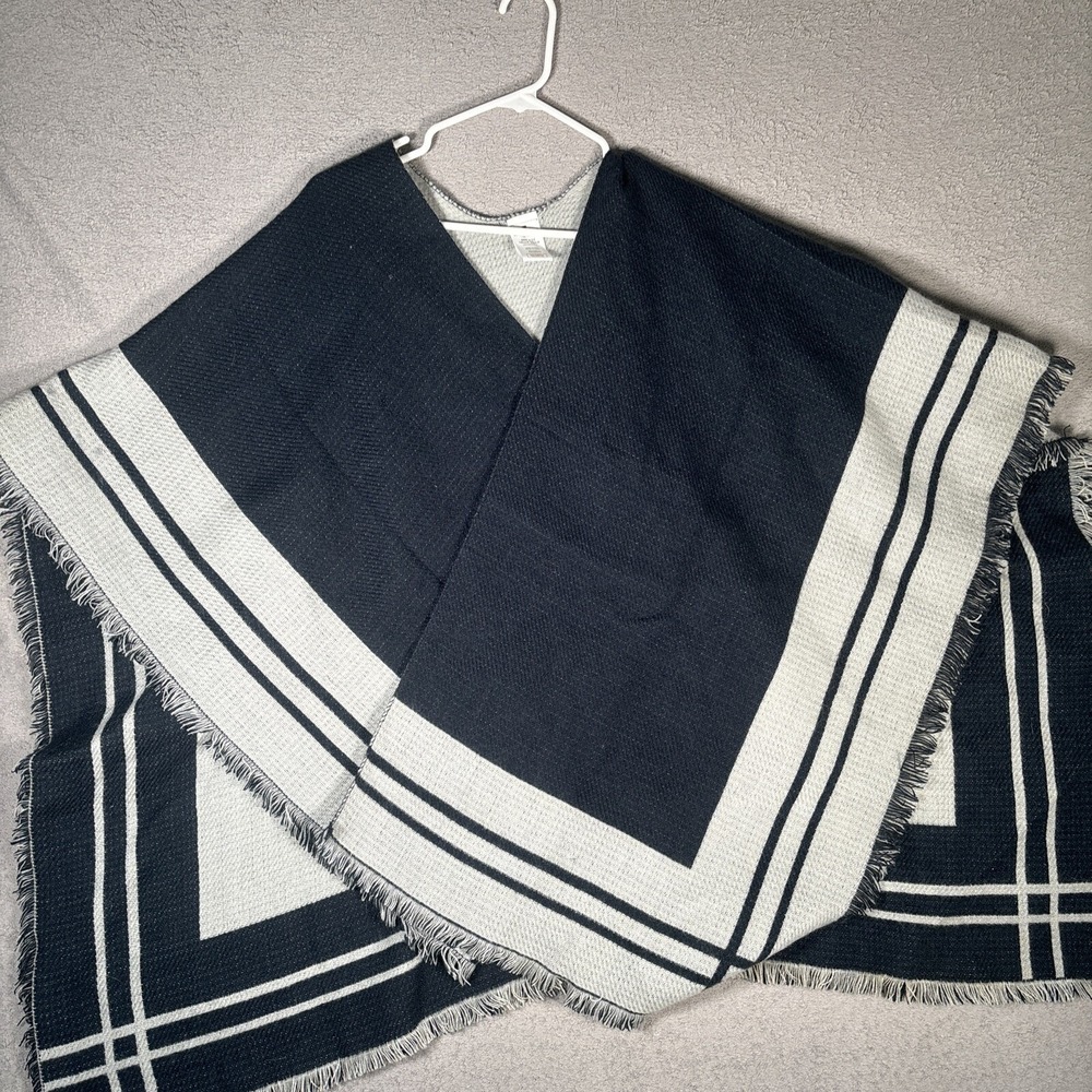 Woolrich Reversible Poncho Wrap Navy Blue Gray Striped Fringed One Size